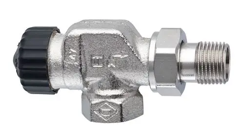 Thermostat-Ventilunterteil aus Metall mit schwarzem Regelknopf und axialer Form, hergestellt von IMI Hydronic Engineering, zur Installation in Heizsystemen.